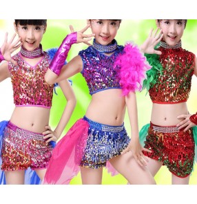 Royal blue fuchsia hot pink red gradient rainbow sequins colored girls kids baby toddlers kindergarten school play modern dance jazz hip hop dance outfits dresses